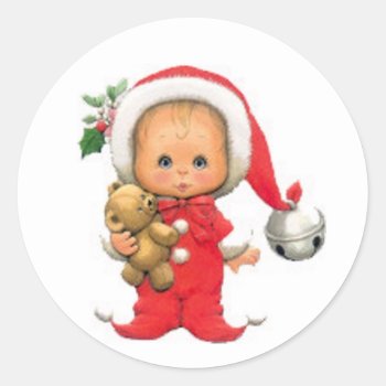 Christmas Baby Elf And Teddy Classic Round Sticker by santasgrotto at Zazzle