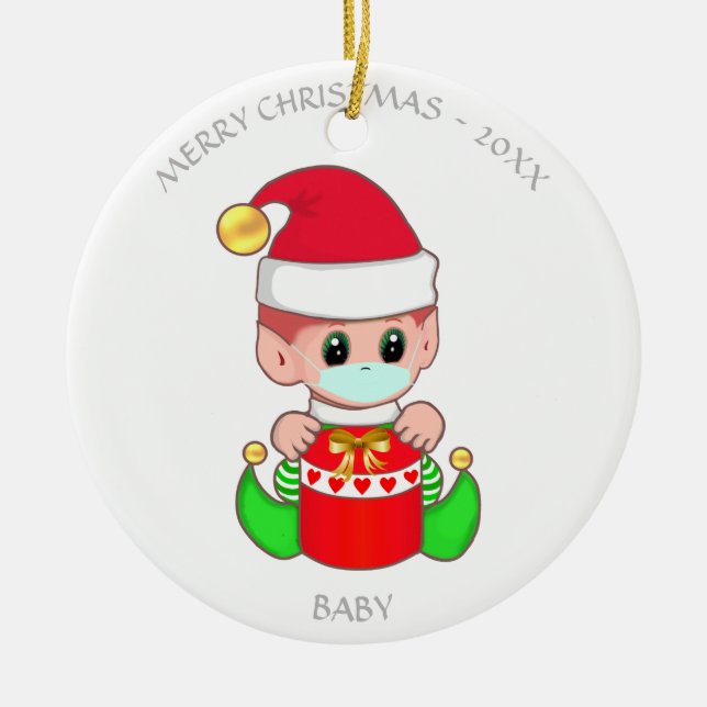 Christmas baby elf with face mask ceramic ornament (Front)