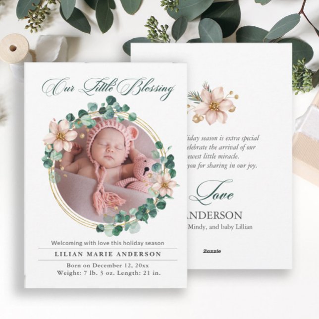 Christmas Baby Eucalyptus Poinsettia Photo Holiday Card (Elegant eucalyptus wreath baby photo announcement/Christmas baby introduction card-2-sided)