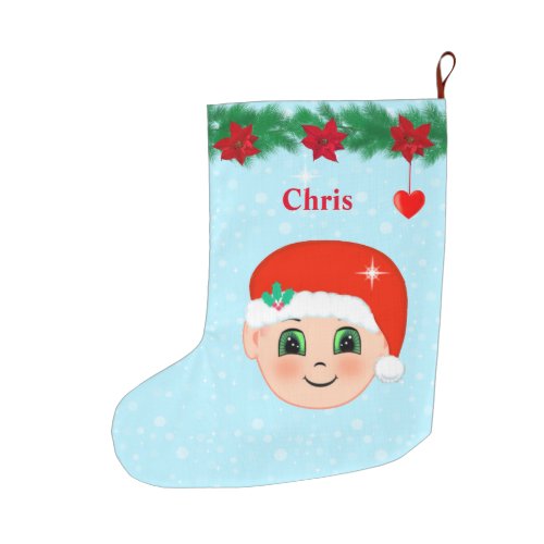 Christmas baby face hearts poinsettias and pine large christmas stocking