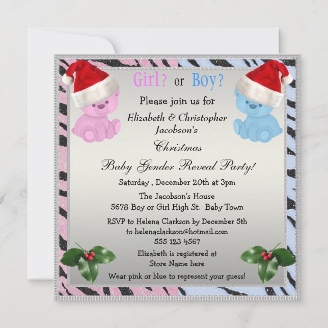 Christmas Baby Gender Reveal Bears in Santa Hats Invitation (Front)