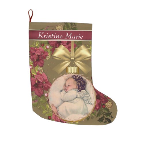 Christmas Baby Girl Angel Gold Ornament Floral Large Christmas Stocking