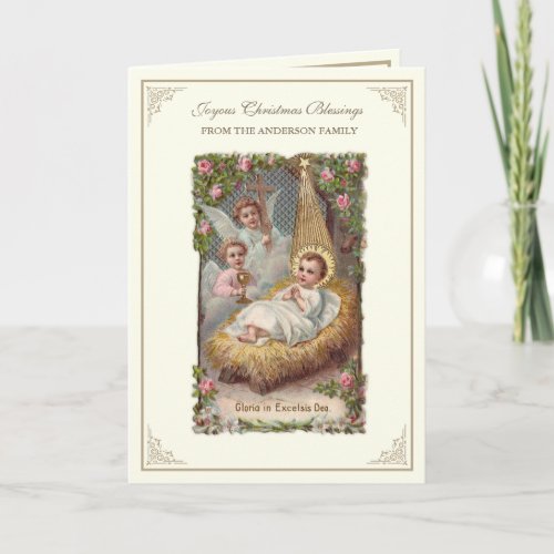 Christmas Baby Jesus Angels Poinsettias Holiday Card