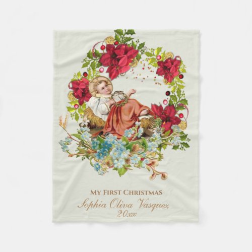 Christmas Baby Jesus Floral Wreath Religious Fleece Blanket