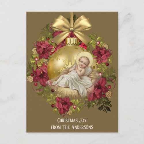 Christmas Baby Jesus in Manger Floral Ornament Postcard