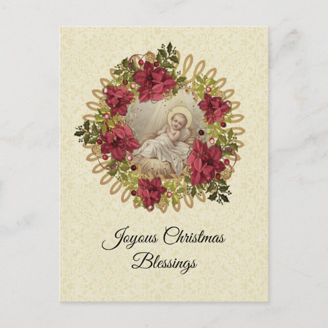 Christmas Baby Jesus in Manger Floral Pointsettia Postcard (Front)