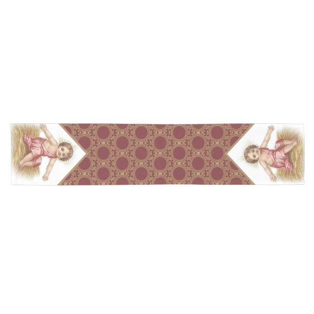 Christmas Baby Jesus in Manger Gold Maroon Short Table Runner (Horizontal)