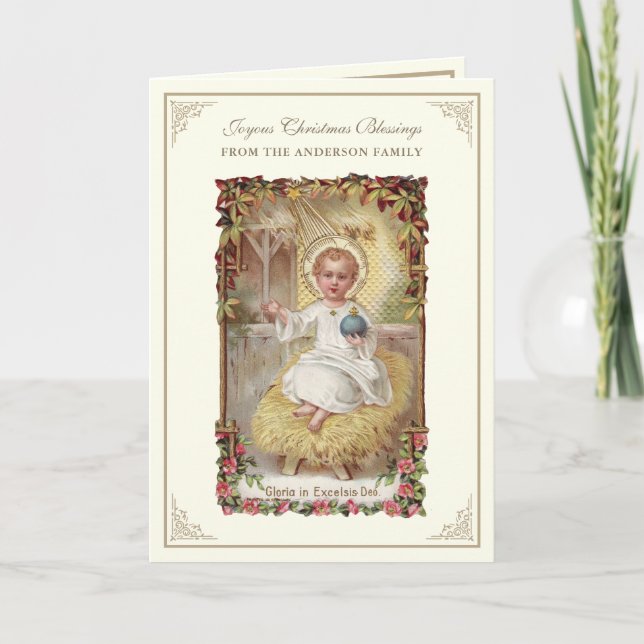 Christmas Baby Jesus Poinsettias Rosary Holiday Card (Front)