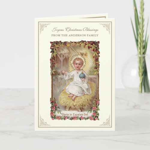 Christmas Baby Jesus Poinsettias Rosary Holiday Card