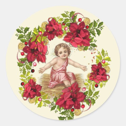 Christmas Baby Jesus Pointsettia Wreath Classic Round Sticker