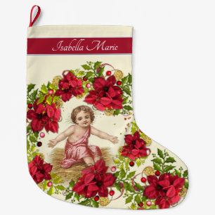 Christmas Baby Jesus Pointsettia Wreath Large Christmas Stocking