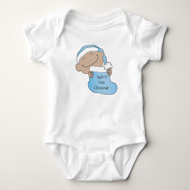 Christmas Baby of Color Blue Cap Baby Bodysuit (Front)