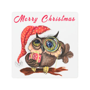 Christmas Baby Owl with Gift Metal Print