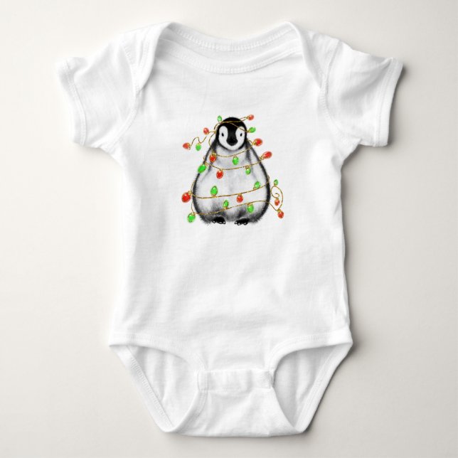 Christmas baby penguin red green holiday lights baby bodysuit (Front)