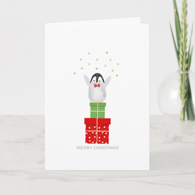 Christmas Baby Penguin Standing on Presents Holiday Card (Front)