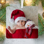 Christmas Baby Photo Birth Stats Metal Ornament<br><div class="desc">Cute keepsake Christmas ornament with your newborn's picture filling one side. On the other side,  personalize with their name in a stylish white script and their name and birth stats in modern white typography on a red background. Perfect gift for the new grandparents,  aunts,  uncles,  friends,  etc.</div>