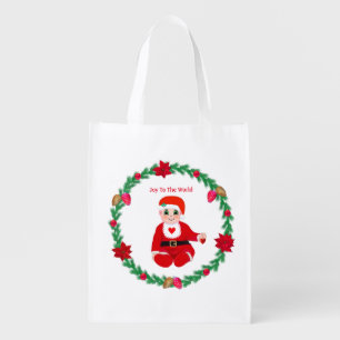 Christmas baby & pine wreath with poinsettias grocery bag
