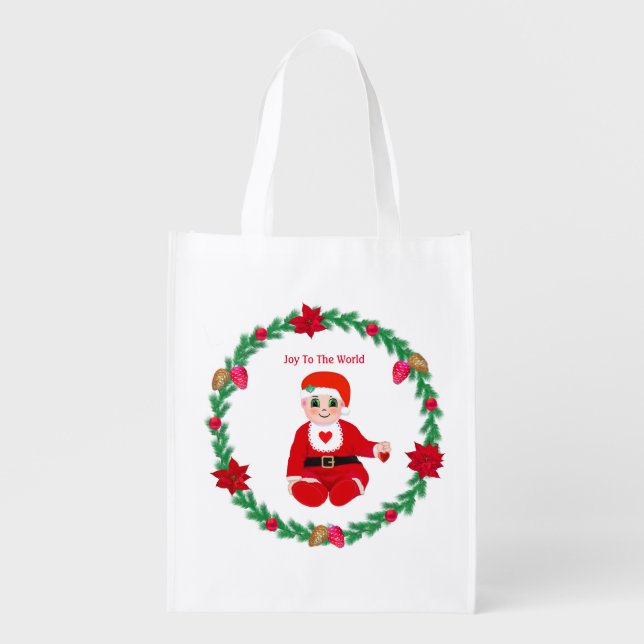 Christmas baby & pine wreath with poinsettias grocery bag (Front)