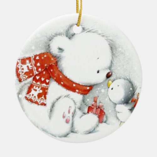 Christmas Baby Polar Bear Kissing Bird Ceramic Ornament