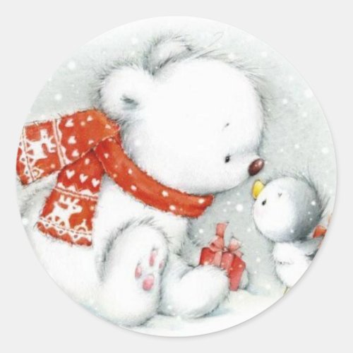 Christmas Baby Polar Bear Kissing Bird Classic Round Sticker