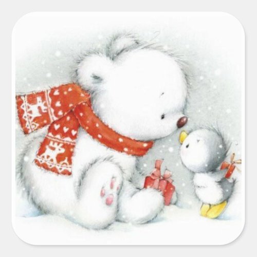 Christmas Baby Polar Bear Kissing Bird Square Sticker