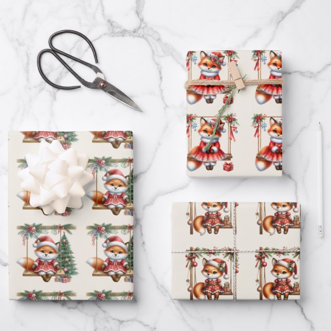 Christmas Baby Red Fox Swinging  Wrapping Paper Sheets (Front)
