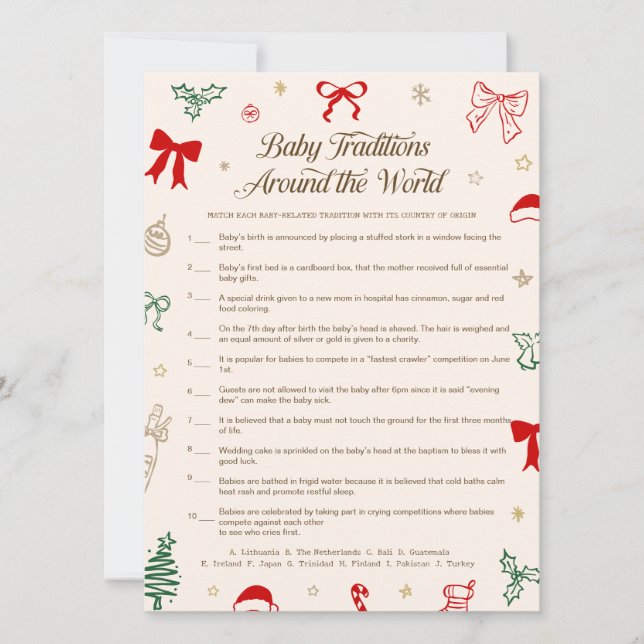 Christmas Baby Shower Baby Traditions Game Card (Front)