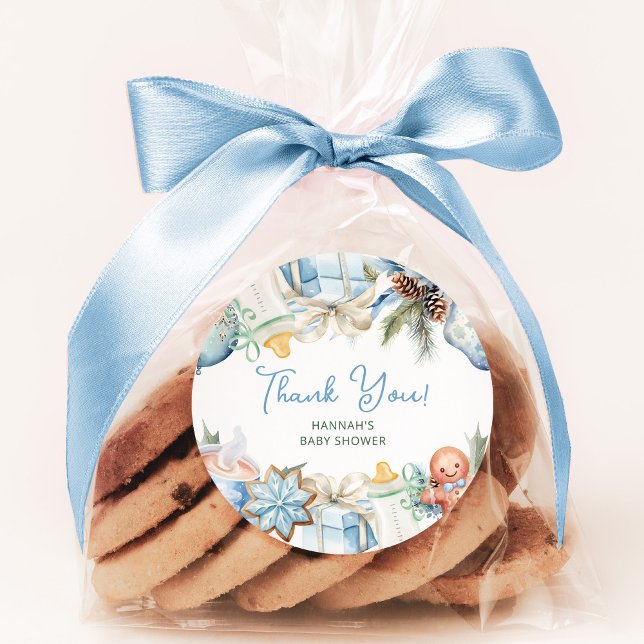 Christmas Baby Shower Blue Thank You Favor Classic Round Sticker (Creator Uploaded)