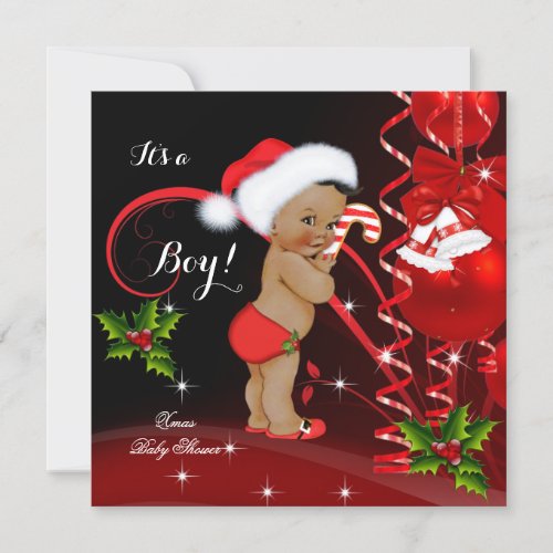 Christmas Baby Shower Boy Red Santa Hat Ethnic Invitation