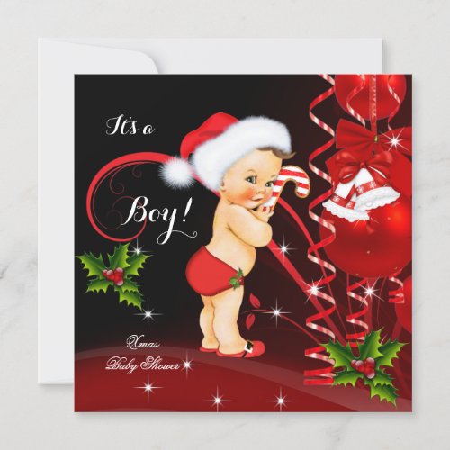 Christmas Baby Shower Boy Red Santa Hat Invitation