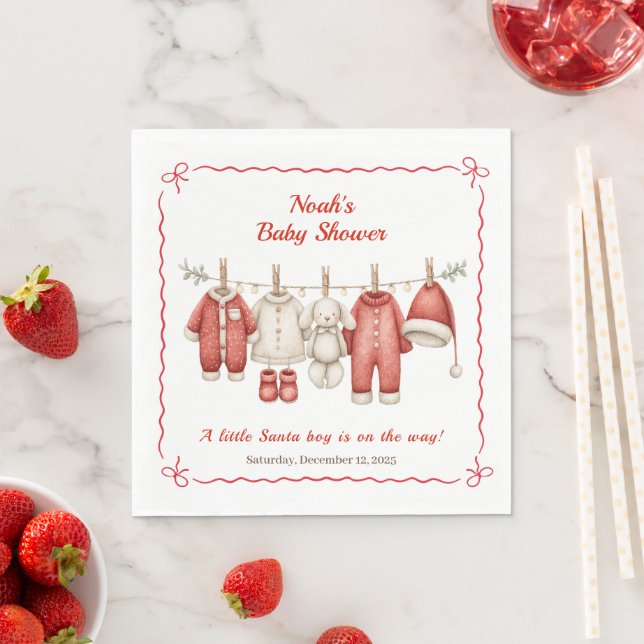 Christmas Baby Shower Boy | Santa Baby Red & White Napkins (Insitu)