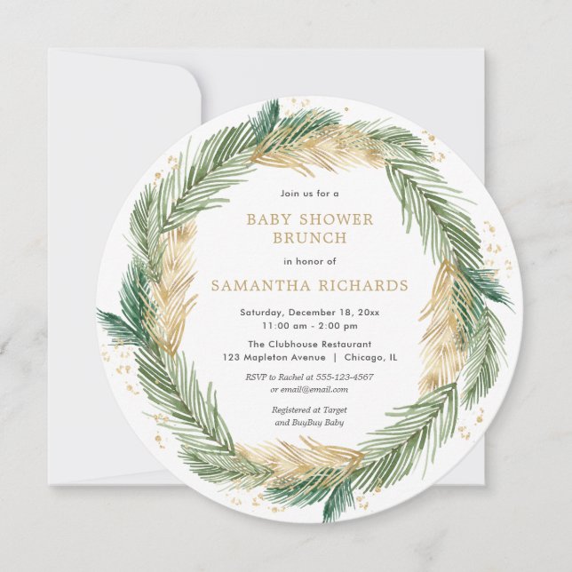 Christmas baby shower brunch greenery gold wreath invitation (Front)