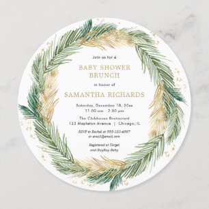 Christmas baby shower brunch greenery gold wreath invitation