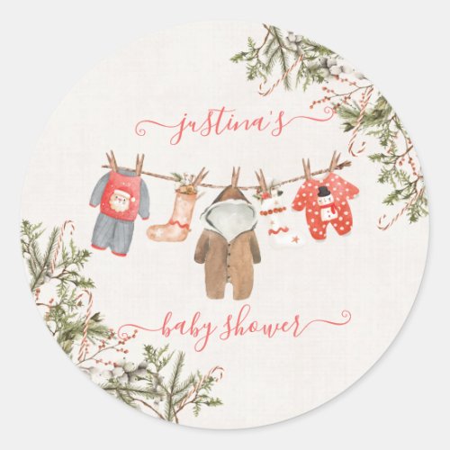 Christmas Baby Shower Clothesline Classic Round Sticker