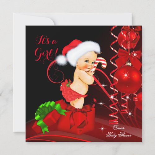 Christmas Baby Shower Girl Red Black Brunette Invitation