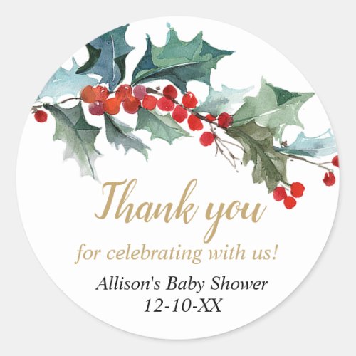 Christmas baby shower Greenery holly red gold Classic Round Sticker