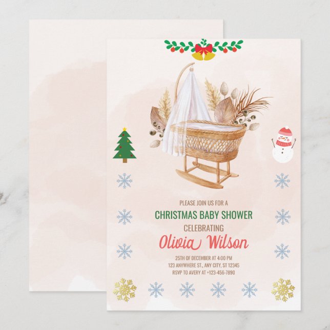 Christmas Baby Shower Invitation Beige and Brown (Front/Back)