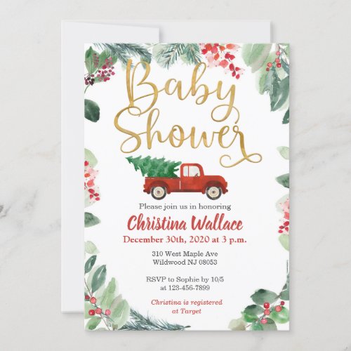 Christmas Baby Shower Invitations with Red Truck