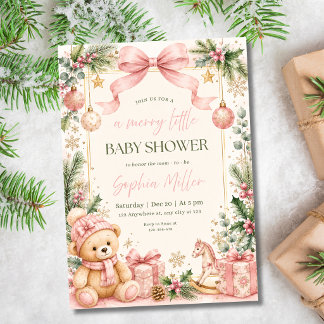 Christmas Baby Shower Pink Girl Teddy Bear Winter Invitation