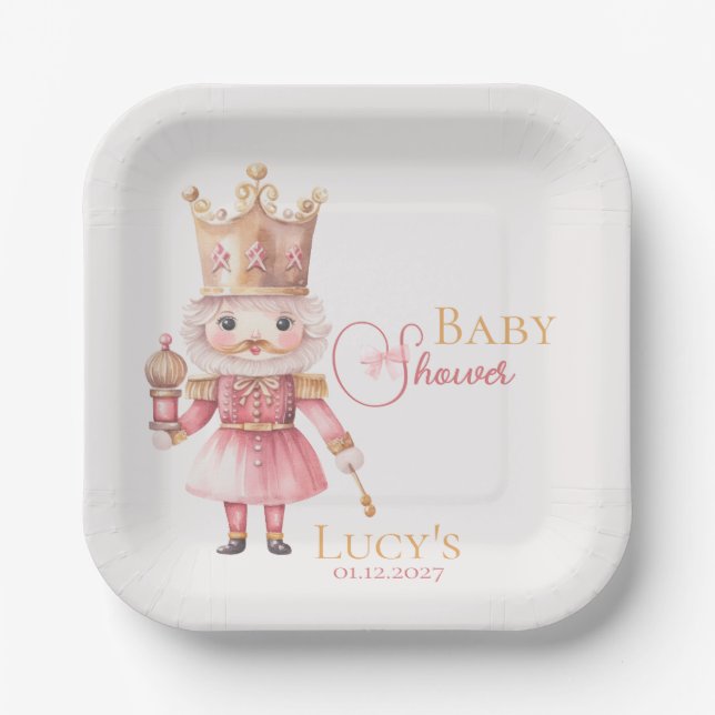 Christmas Baby Shower Pink Nutcracker Watercolor  Paper Plates (Front)