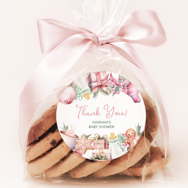 Christmas Baby Shower Pink Thank You Favor Classic Round Sticker (Creator Uploaded)