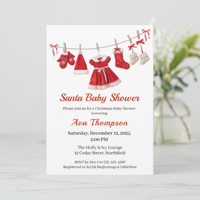 Christmas Baby Shower | Santa Clothes Red & White Invitation (Standing Front)