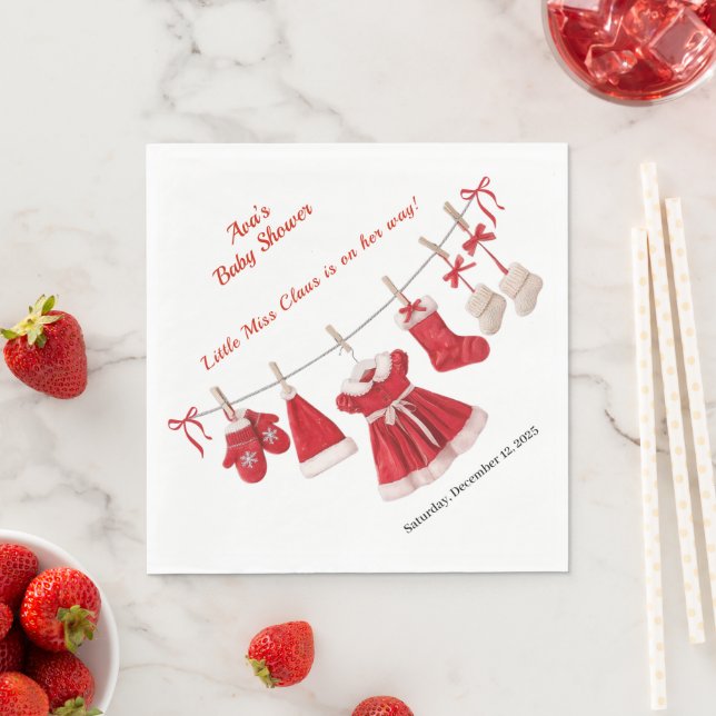 Christmas Baby Shower | Santa Clothes Red & White Napkins (Insitu)