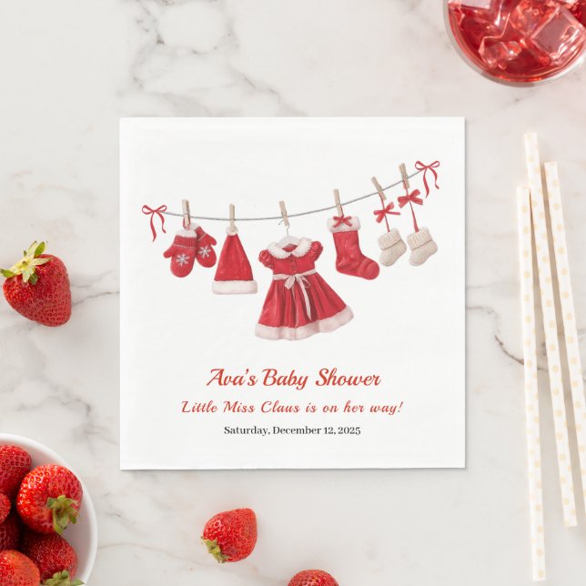 Christmas Baby Shower | Santa Clothes Red & White Napkins (Insitu)