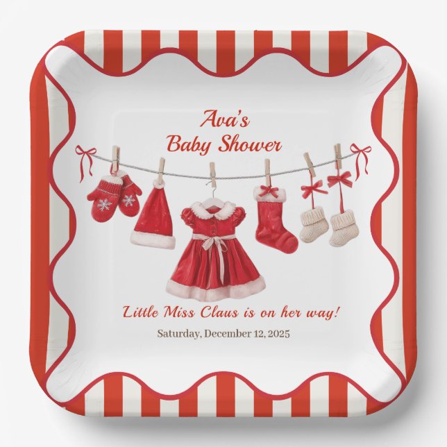 Christmas Baby Shower | Santa Clothes Red & White Paper Plates (Front)
