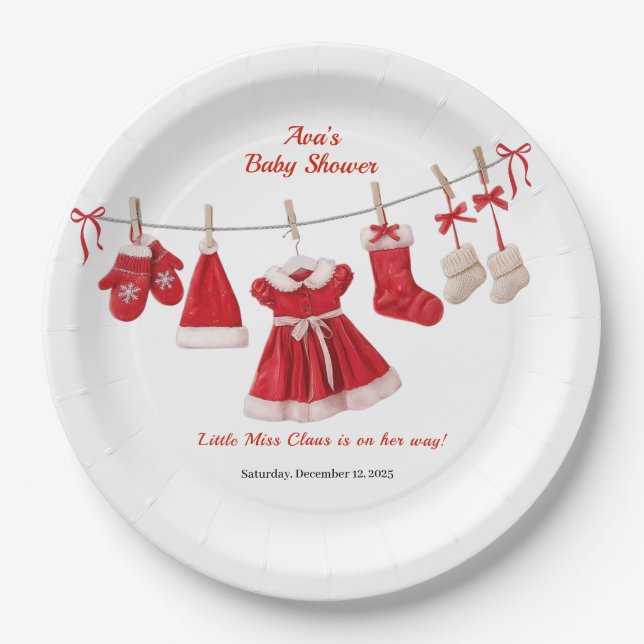 Christmas Baby Shower | Santa Clothes Red & White Paper Plates (Front)