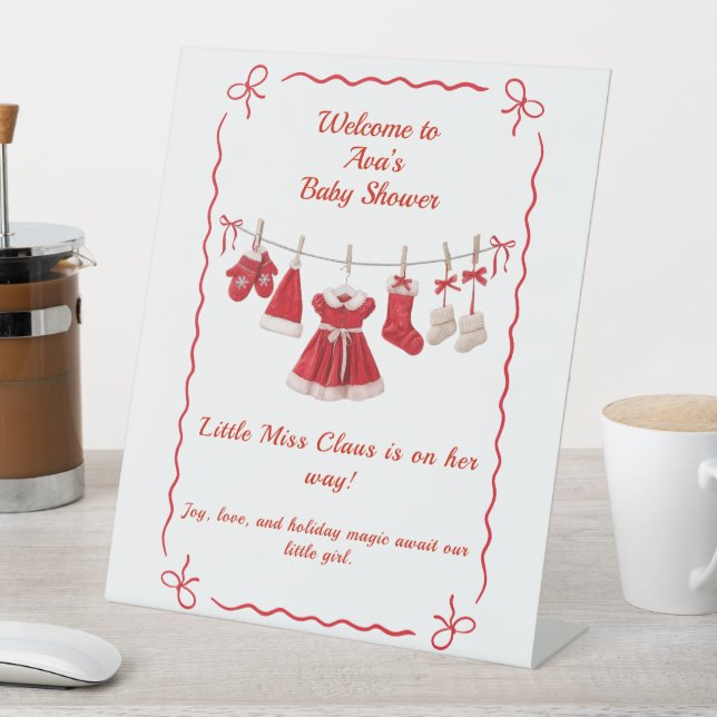 Christmas Baby Shower | Santa Clothes Red & White Pedestal Sign (In SItu)