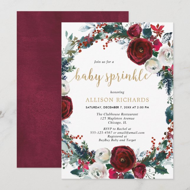 Christmas baby sprinkle burgundy gold elegant invitation (Front/Back)