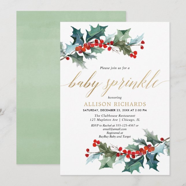 Christmas baby sprinkle gender neutral watercolor invitation (Front/Back)
