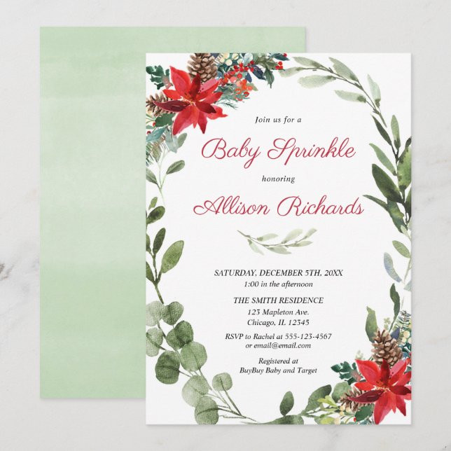 Christmas baby sprinkle red poinsettia greenery invitation (Front/Back)